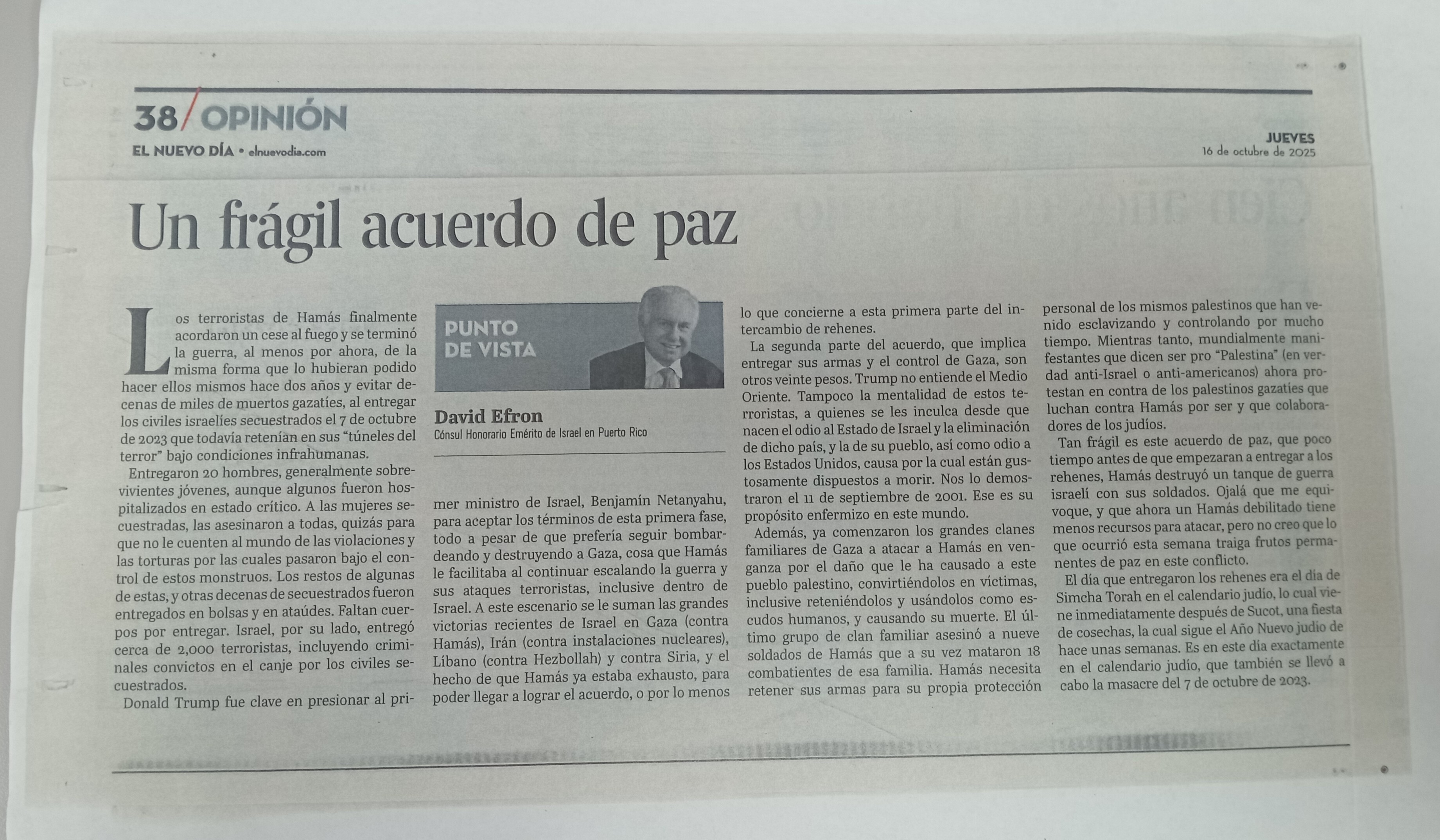 Un frágil acuerdo de paz — David Efron, 10 de octubre de 2025