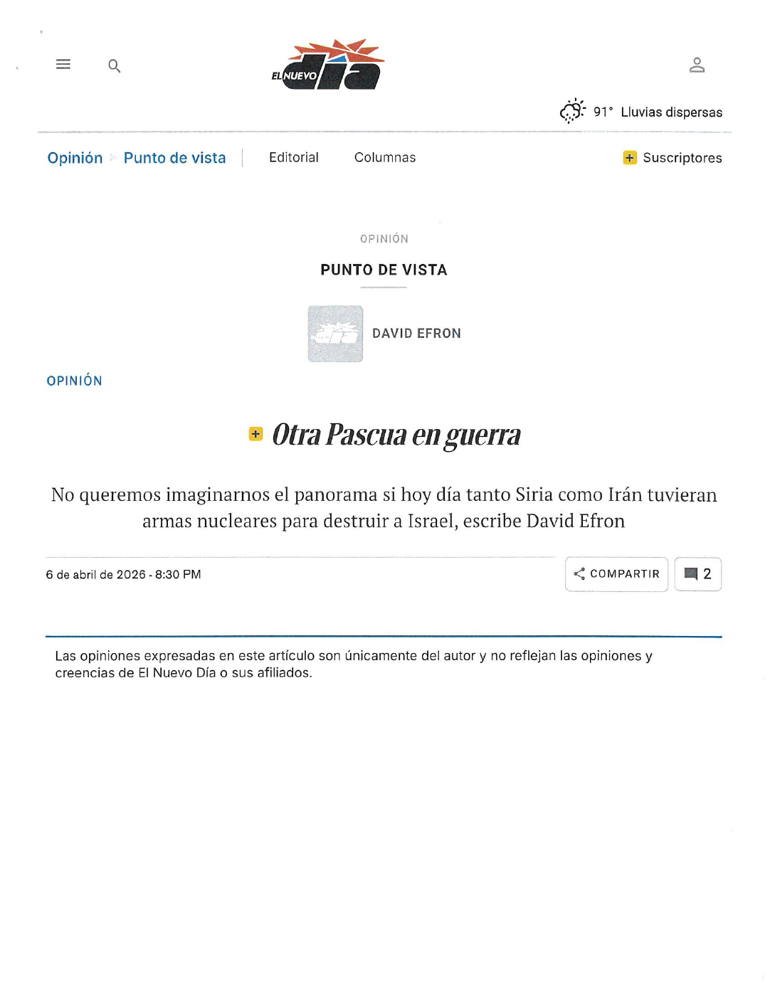 Otra Pascua en guerra — David Efron, 6 de abril de 2026